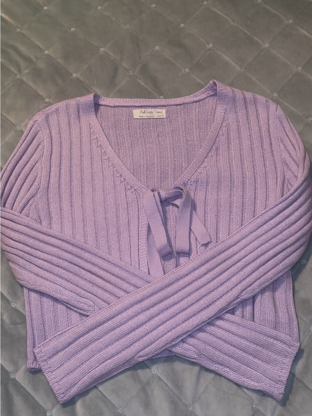 Lilac Ribbed V‑Neck Tie Sweater